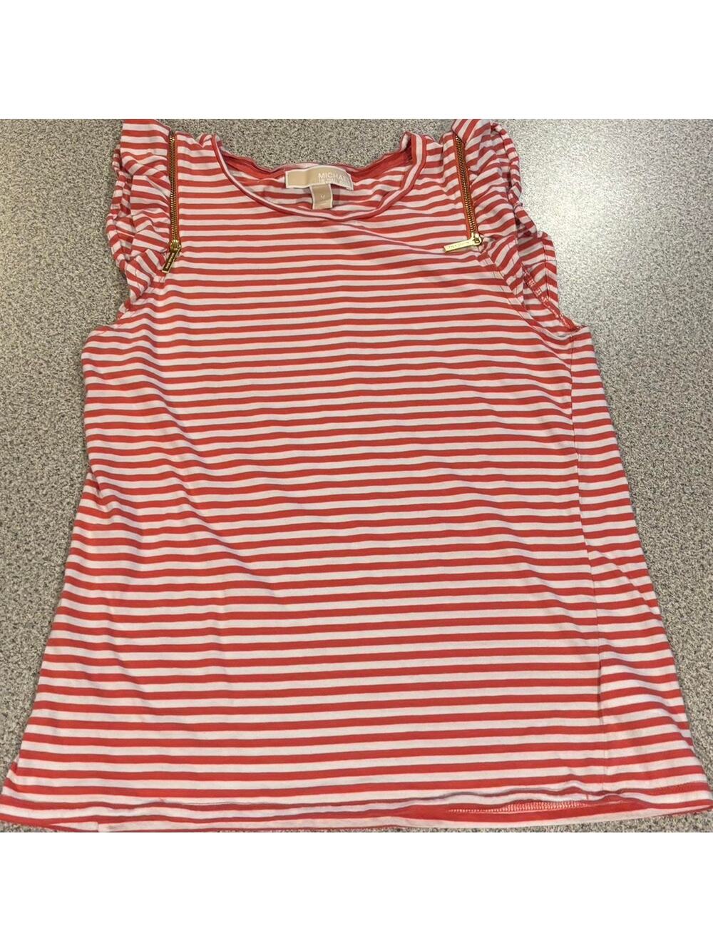 Michael Kors Red & White Striped Tank with Ruffle and Gold Zippers M